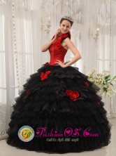 Military Ball Black and Red Hand Made Flowers For Gorgeous Quinceanera Dress with Ruffles Layered IN  San Carlos Nicaragua  Style QDZY523FOR 