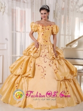 Off The Shoulder and Short Sleeves Yellow Quinceanera Dress With Embroidery and Pick-ups for 2013 in   El Bluff Nicaragua  Style PDZY538FOR