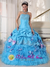 Romantic Aqua Quinceanera Dress Appliques Decorate Bust With Pick-ups and Bowknot Ball Gown for Graduation in   Nueva Guin ea Nicaragua  Style PDZY747FOR