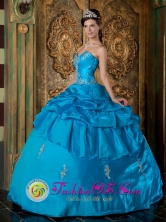 Sky Blue Quinceanera Dress With Pick-ups and Appliques Scattered For Sweet 16 in   Bumbona Nicaragua  Style QDZY175FOR