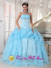 Sweet 16 Baby Blue Ball Gown Dresses With Organza Pick-ups Beading and Ruch IN  Ahuaya Nicaragua  Style PDZY736FOR 