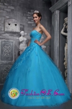 Sweetheart Applique Decorate Baby Blue Tulle Quinceanera Dresses With  A-line Style In Oklahoma in Summer IN  Muy Muy Nicaragua  Style ZYLJ02FOR