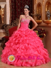 Watermelon Red Ruffles Beaded Appliques Ruching Quinceanera Dress For 2013 in   Leon Nicaragua  Style QDZY055FOR