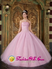 2013 Bauru Brazil Custom Made Strapless Pink Ball Gown With Appliques for Quinceanera Style QDZY096FOR