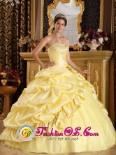 2013 Campina Grande Brazil Latest Ball Gown Quinceanera Dress Light Yellow Taffeta Beaded Decorate Yet Pick-ups Style QDZY212FOR