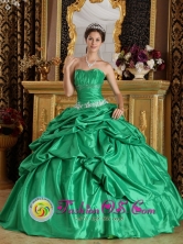 2013 Guatemala City Guatemala  Romantic Strapless Quinceanera Dress Spring Green With Pick-ups Appliques Decorate Style QDZY204FOR
