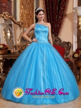 2013 Huehuetenango Guatemala One Shoulder Beaded Decorate Asymmetrical New Style Teal Quinceanera Dress Tulle and Taffeta Ball Gown For Style QDZY731FOR