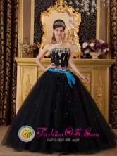 2013 Puerto San Jos Guatemala Black and Aqua Tulle Strapless Elegant Quinceanera Dress With Appliques Decorate and Bow Band Style QDZY113FOR
