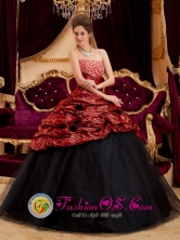 2013 Quetzaltenango Guatemala Zebra Exquisite Red and Black Quinceanera Dress Strapless and Tulle Hand Made Flowers And Beading Decorate Style QDZY213FOR 