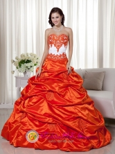 2013 San Lucas Sacatepquez Guatemala Classical Appliques Decorate Bodice Orange Red A-line Sweetheart Floor-length Taffeta Quinceanera Dress for Sweet 16 Style MLXN058FOR