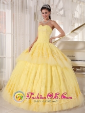 2013 San Marcos Guatemala Organza and Tulle Light Yellow Sweetheart Lace Decorate Luxurious floor length Quinceaners Dress Style PDZY495FOR