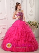 2013 Sanarate Guatemala Hot Pink Quinceanera Dress For Sweetheart Organza With Beading Ruffled Ball Gown Style QDZY030FOR