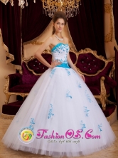 2013 Tecpan Guatemala Guatemala A-line Tulle Sweetheart Aqua and White Quinceanera Dress With Appliques Style QDZY107FOR