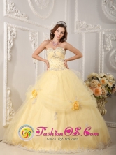 2013 Zacapa Guatemala Beautiful Organza Light Yellow Sweetheart Quinceanera Dress With Appliques and Hand Made Flowers for Military Ball Style QDZY129FOR