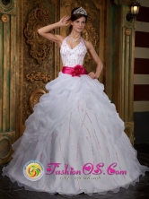 2013 Santa Barbara Chile A-line White Halter Beaded Decorate Bust and Contrasting Sash Quinceanera Dress With Pick-ups Organza Floor-length Style QDZY222FOR