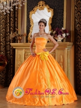 Hualqui Chile Embroidery and Bowknot For Beautiful Orange Quinceanera Dress Strapless Satin For 2013 Spring Style QDZY289FOR