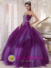 Los Lagos Chile Tulle Quinceanera Dress Beading and Bowknot For Elegant Strapless Purple ruffled Military Ball Style PDZY368FOR