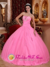 Maria Elena Chile Graduation Rose Pink For Wonderful Quinceanera Dress With Strapless Tulle Beadings And Exquisite Hand Flowers Style QDZY601FOR