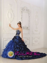 Olmue Chile Appliques Chapel Train Perfect Royal Blue Quinceanera Dress Sweetheart Taffeta and Organza Ball Gown For 2013 Style QDZY319FOR