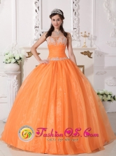 Rinconada Chile Spring Customize Exquisite Beaded Orange Appliques 2013 Quinceanera Dress WithTaffeta and Organza Ball Gown Style QDZY620FOR