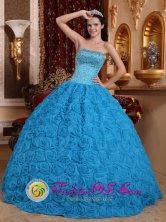 2013  Hatonuevo Colombia Gorgeous Blue Sweet Wholesale Quinceanera Dress Fabric With Rolling Flowers Ball Gown Strapless Beading Ball Gown Style QDZY576FOR
