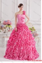 Hot Pink Ball Gown One Shoulder Taffeta Hand Made Flowers and Ruffles Quinceanera DressFVQD009FOR