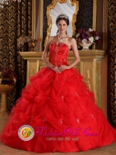 La Cruz Colombia Customize Red Pick-ups and Appliques Strapless Wholesale Quinceanera Dress  With Tulle Skirt For Sweet 16 Style QDZY139FOR
