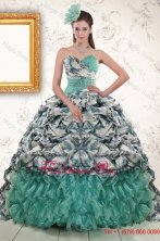 2015 Exquisite Turquoise Sweep Train Quinceanera Dresses with Beading and Picks Ups XFNAO789FOR