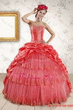 2015 Strapless Coral Red Quinceanera Dresses with Pick Ups and Beading XFNAO147TZFXFOR