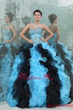 Aqua and Black Sweetheart Beading and Ruffles Quinceanera Dress FFQD042FOR