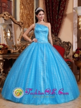 Bocas del Toro Panama One Shoulder Beaded Decorate Asymmetrical New Style Teal Quinceanera Dress Tulle and Taffeta Ball Gown For 2013 Style QDZY731FOR