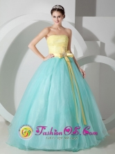 Los Lotes Panama Fabulous Baby Blue and Yellow Evening Dress Sash and Ruched Bodice Decorate Style MLXNHY05FOR