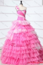 One Shoulder Beading and Ruffles Layered Quinceanera Dress in Pink  FFQD0111FOR