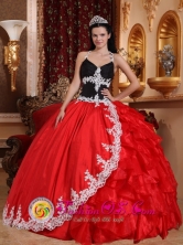 Sasardi Panama V-neck  Appliques Embellishment Red and Black Floor-length Quinceanera Dress For Celebrity Style QDZY719FOR QDZY719