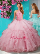Affordable Beaded and Ruffled Layers Quinceanera Gown with Halter Top SJQDDT631002FOR