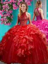 Affordable Beaded and Ruffled Quinceanera Dress with Halter Top SJQDDT615002FOR