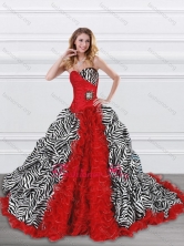 Affordable Beaded and Ruffled Red and Zebra Quinceanera Dress with Brush Train XFQD1000FOR