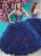 Affordable Brush Train Blue Affordable Quinceanera Dress with Beading and Ruffles
