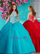 Affordable Halter Top Brush Train Quinceanera Dress with Beading and Appliques SJQDDT632002FOR