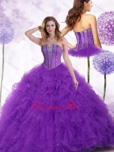Affordable Strapless Purple Quinceanera Gowns with Beading and Ruffles SJQDDT445002FOR