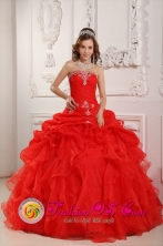 Chiclayo Peru 2013 Strapless Red Appliques and Ruched Bodice Ruffles Organza Quinceanera Dress Style QDZY031FOR