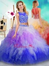 Fashionable See Through Beaded and Ruffled Quinceanera Gown in Rainbow Colored