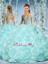 Gorgeous Cap Sleeves Beaded Light Blue Quinceanera Gown with Deep V Neck