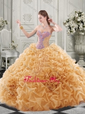 Popular Beaded Bodice and Ruffled Champagne Chapel Train Quinceanera Gown SJQDDT518002-1FOR