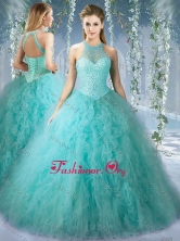 Popular Mint Quinceanera Dress With Beaded Decorated Bodice and High Neck  SJQDDT529002FOR