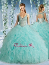 The Super Hot Beaded Decorated Cap Sleeves Quinceanera Gown with Deep V Neck