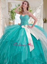 Wonderful Turquoise Big Puffy Quinceanera Dress with Beading and White BowknotSJQDDT731002FOR