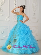 2013 Aque Blue Ruffles Strapless Surprise  Wholesale Quinceanera Dresses With Appliques For Sweet 16 IN Nueva Palmira Uruguay Style QDZY295FOR