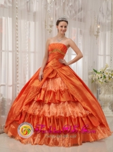 2013 Orange Red Ruffles Layered  Wholesale Quinceanera Dresses With Appliques and Ruch In  San Ramon Uruguay Style QDZY272FOR