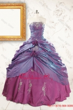 2015 Purple Strapless Quinceanera Dresses with Appliques and Hand Made Flowers FNAO313FOR